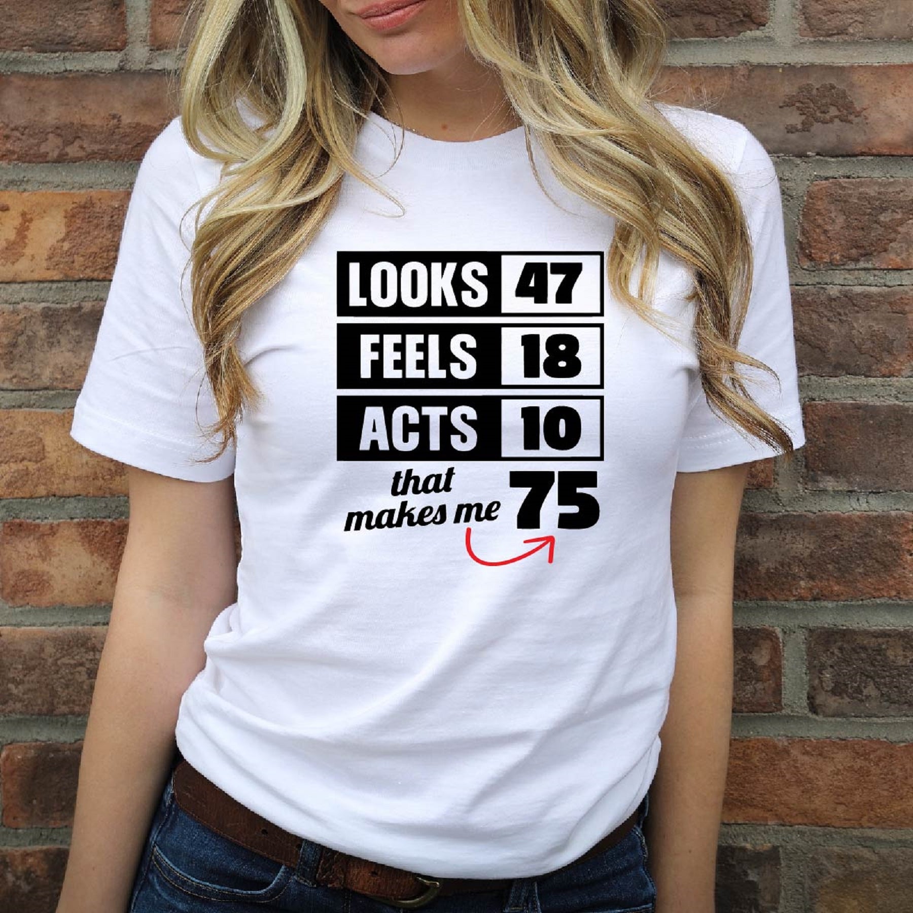 Looks 47 Feels 18 Acts 10 That Makes Me 75 T shirt