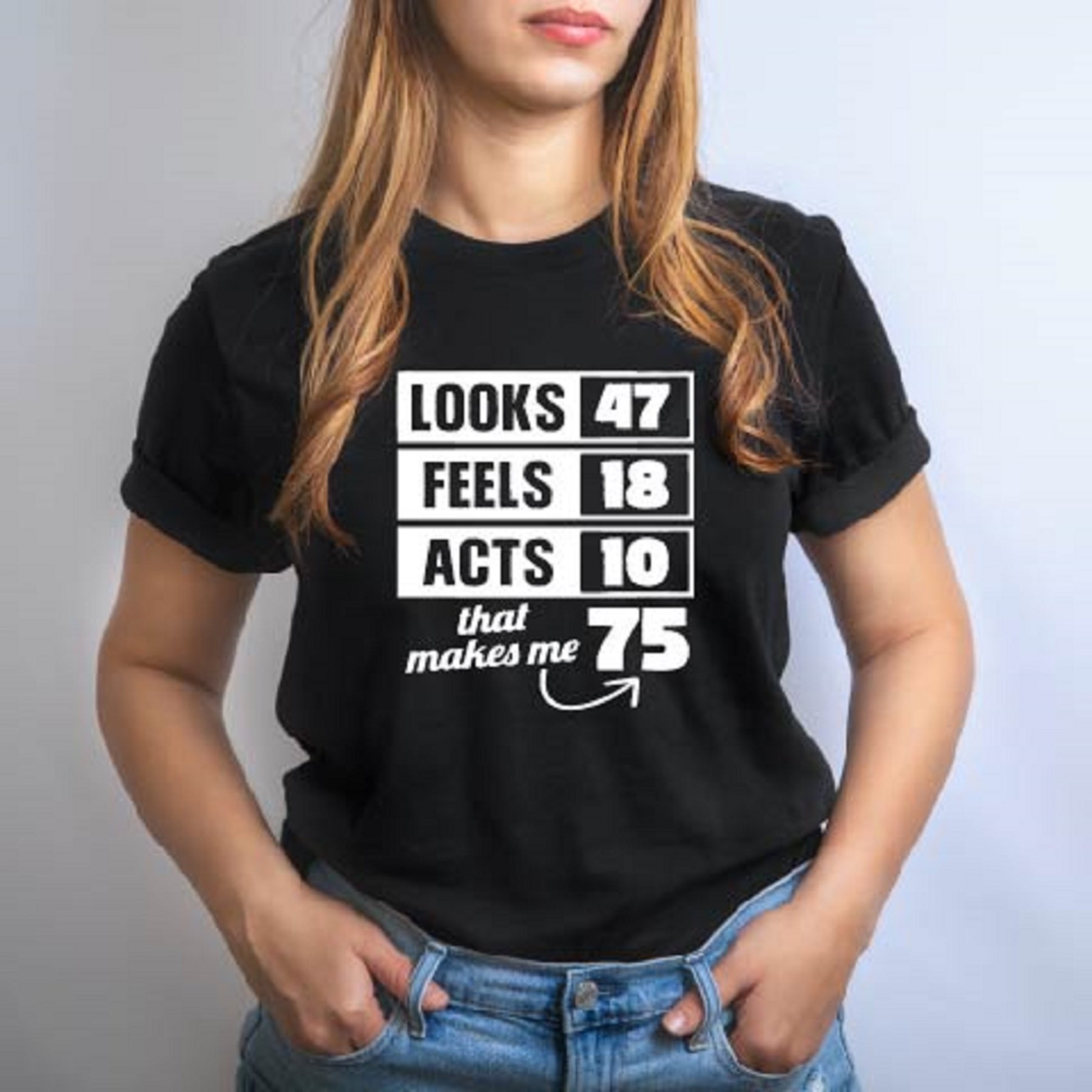 Looks 47 Feels 18 Acts 10 That Makes Me 75 T shirt